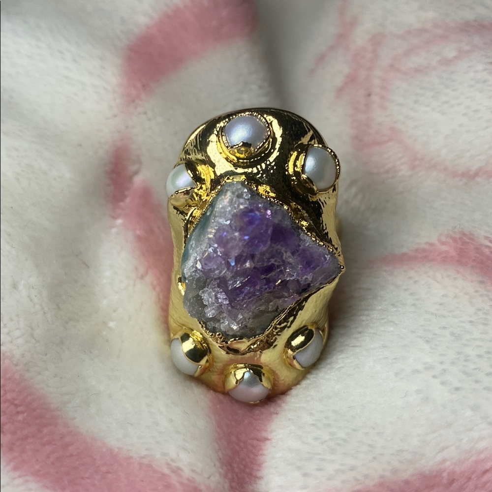 Real Amethyst and Pearl 18k GP Ring